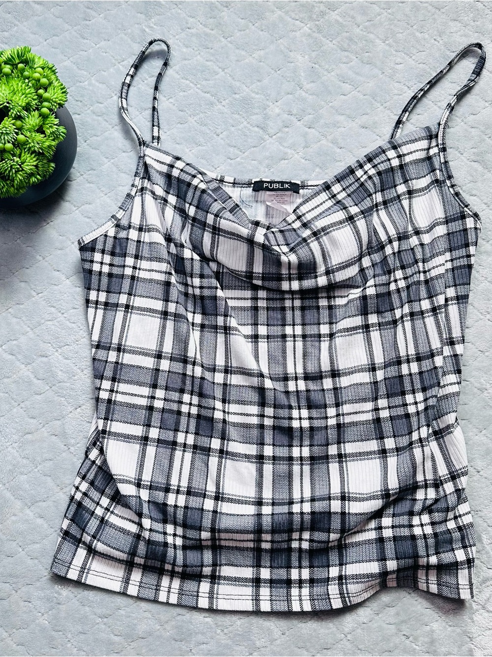 Publik Plaid Cowl Neck Cami Top Black White Stretch Size 3XL Y2K